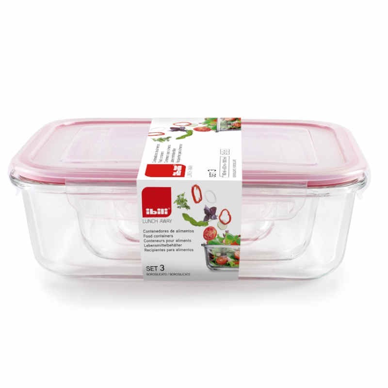 Ibili 3er-Set Frischhaltedosen aus Glas Lunch Away
