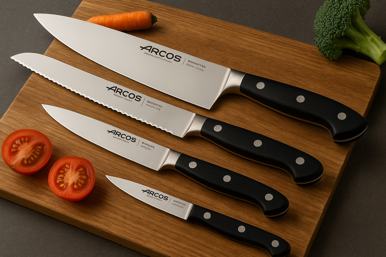 Set de cuchillos Arcos sobre tabla de cortar, destacando los modelos Riviera, Manhattan y Brooklyn, ideales para cocina profesional y doméstica.